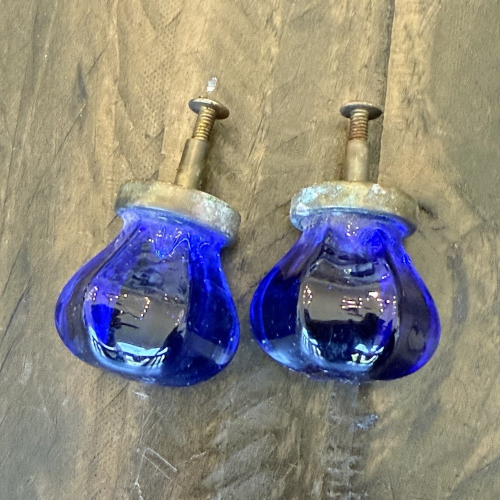 Vtg Victorian Crown Cobalt Blue Cut Glass Drawer Knobs Pulls Brass Lot of 2